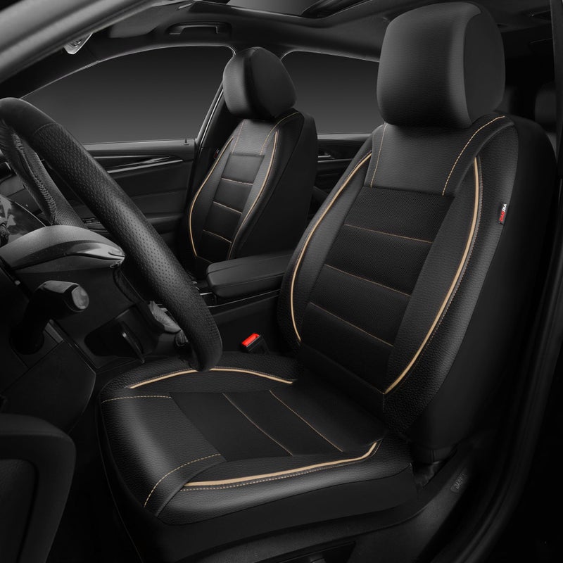 CAR PASS Universal FIT Piping Leather Two Front Seat Covers  Waterproof Faux Leather for SUV Sedan Van Truck  Airbag Compatible Reserved Opening Holes for Headrest Covers. (Black and Beige) - Image 4